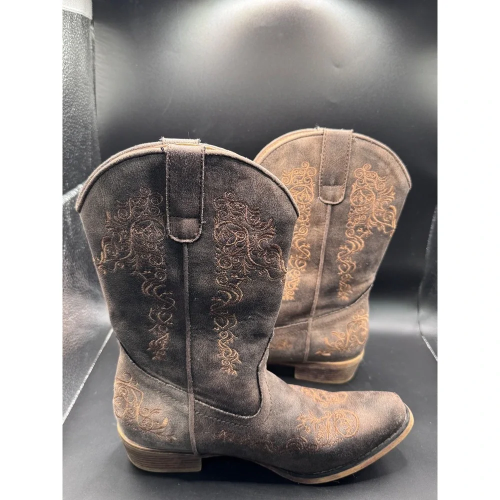 Roper Kids Brown Faux Suede Embroidered Western Cowboy Boots Youth Size 3
